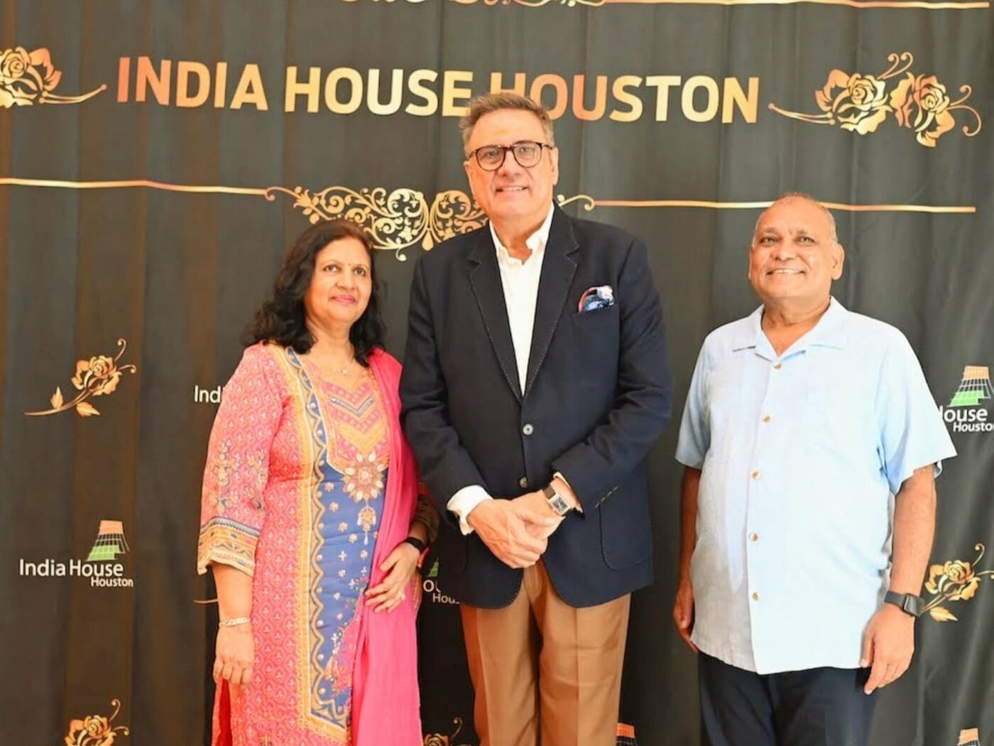Sunita and Brij Agrawal with Boman Irani at the 2024 India House Houston gala